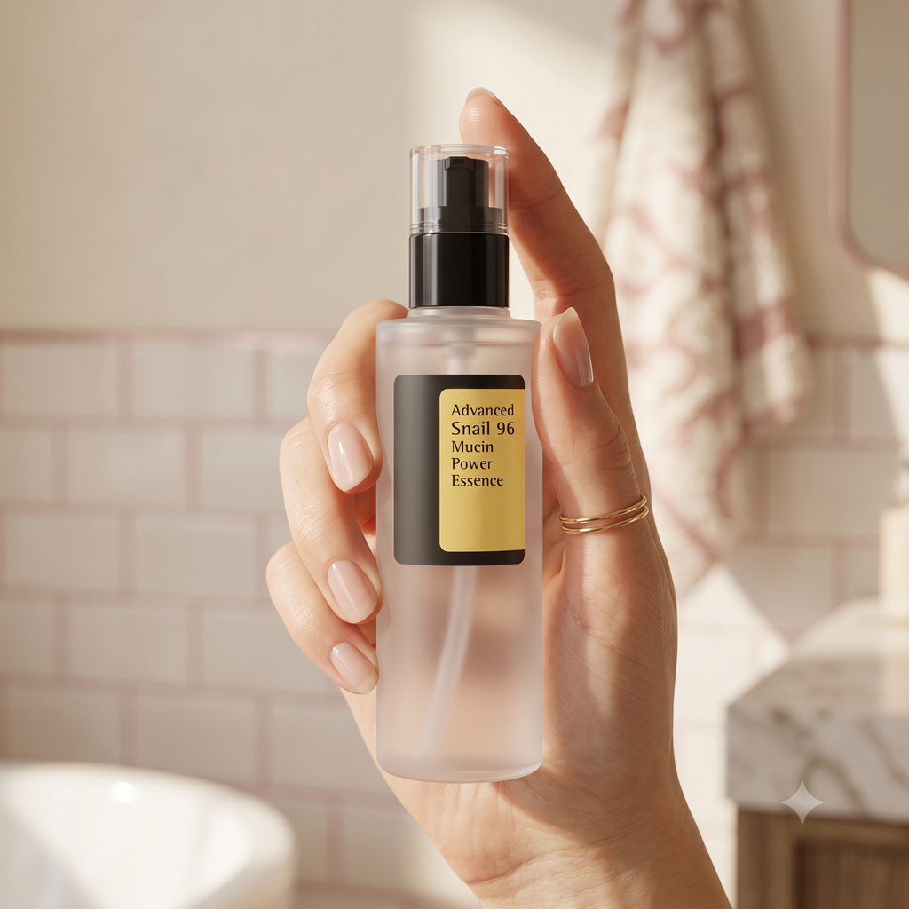 Miyul Snail Mucin Serum – Flasche in der Hand im Badezimmer