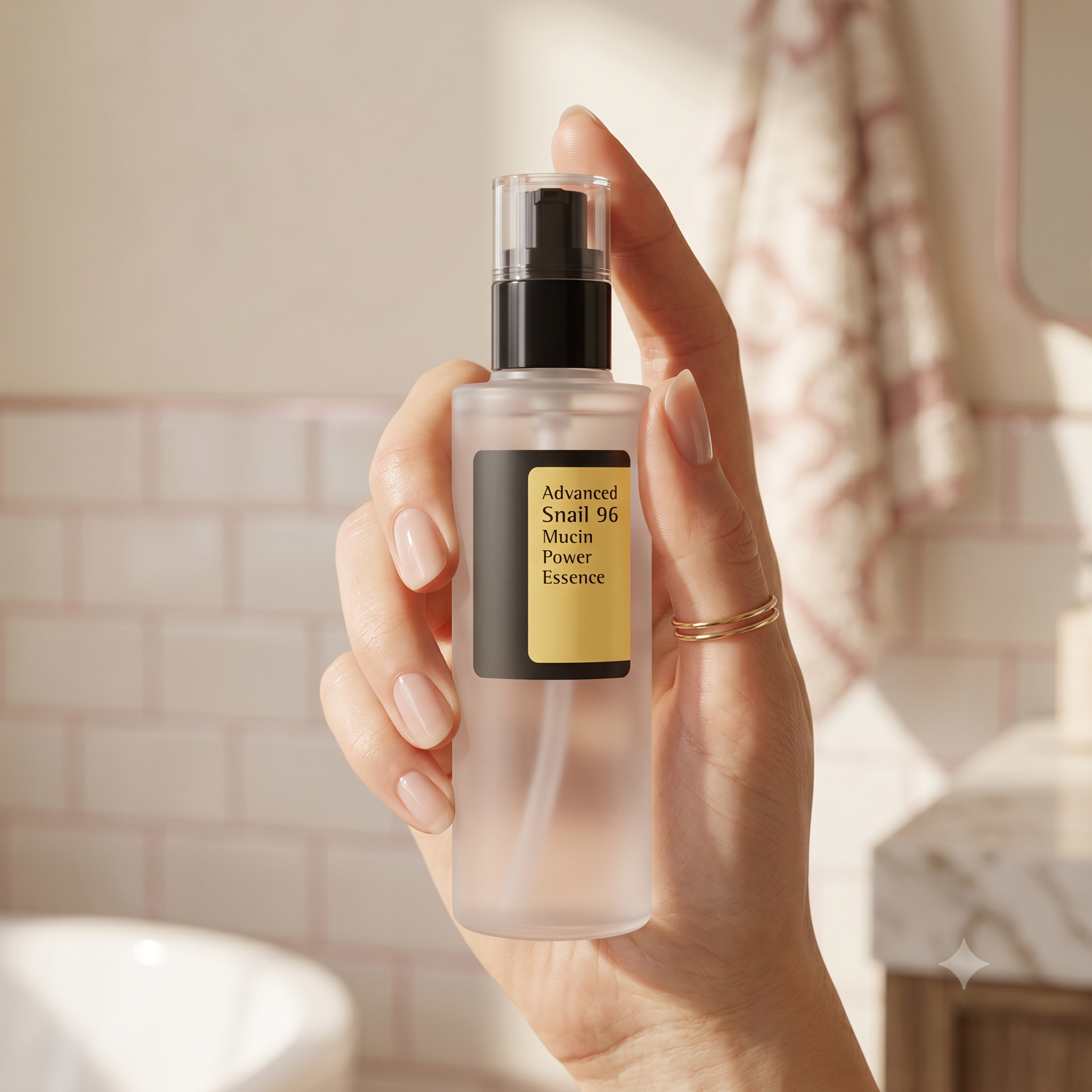 Miyul Snail Mucin Serum – Flasche in der Hand im Badezimmer